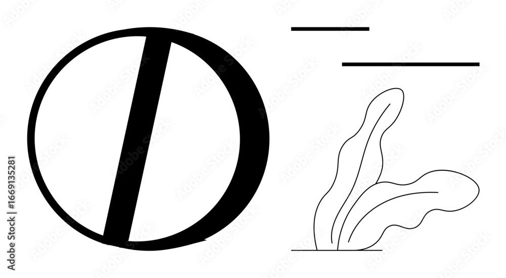 Aufkleber bold circular shape intersected with a diagonal line, abstract leaf figure, and minimalist linear ac