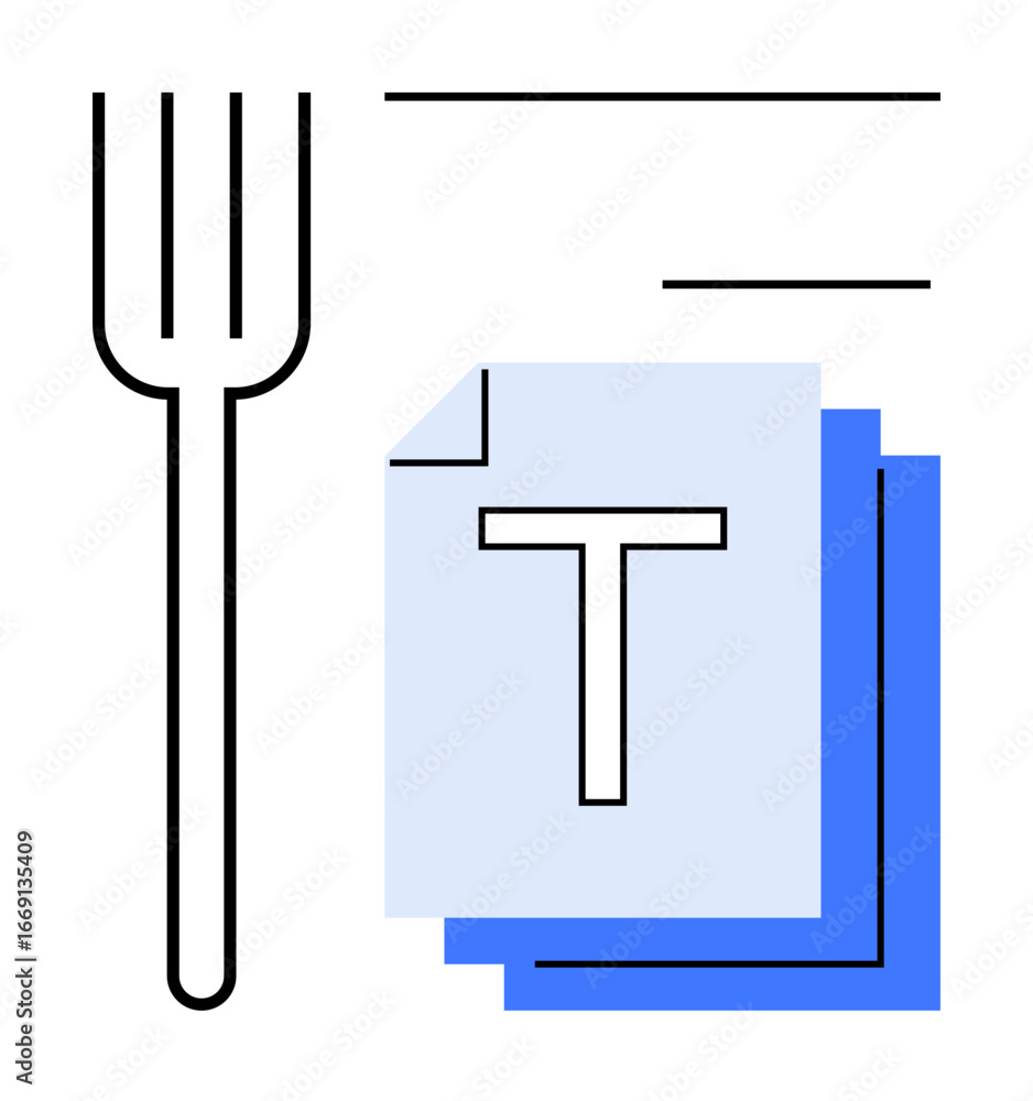 Poster fork alongside layered sheets with large t, emphasizing typography and dining. ideal for food servic
