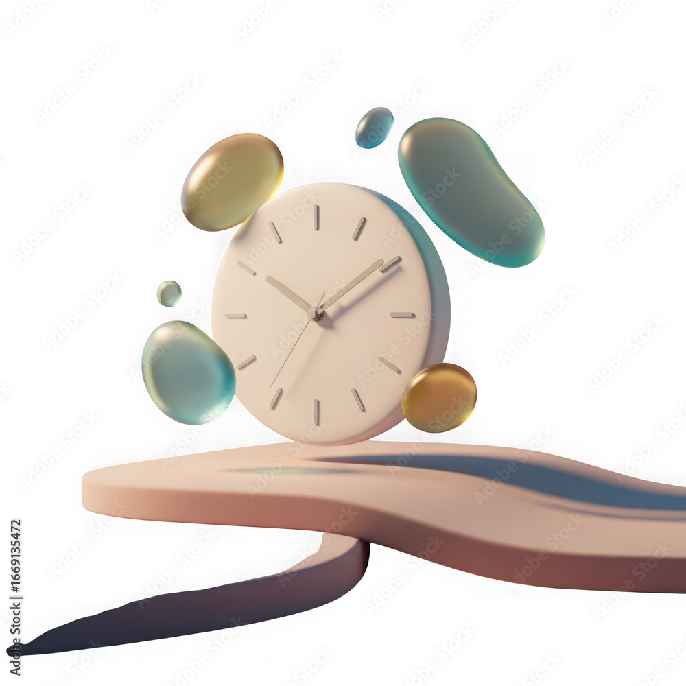 Poster abstract composition featuring a clock with fluid shapes and elements isolated on transparent backgr