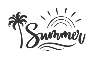 Summer black ink calligraphy. Palm tree, sun rays and curved sea wave sketch style. Bright tropical mood lettering, sunny coastline daylight breeze, ocean view minimal stroke, beach feeling warmth
