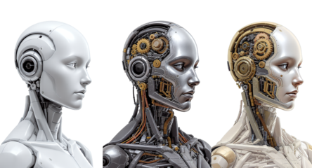 Three Futuristic Robot Heads in Profile