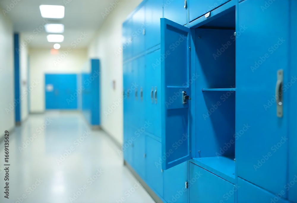 Poster generative ai school hallway view. the image depicts a generic hallway with blue lockers and one