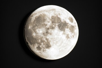 Detailed Full Moon View Against Black Sky, Lunar Surface Features Visible