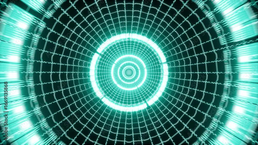 Poster futuristic teal neon light grid tunnel vortex loop