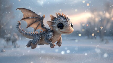 Obraz premium Whimsical Winter Dragon Cub A Lighthearted Fantasy Scene of a Young Dragon Flying Through a Snowy Landscape with a Soft Glow