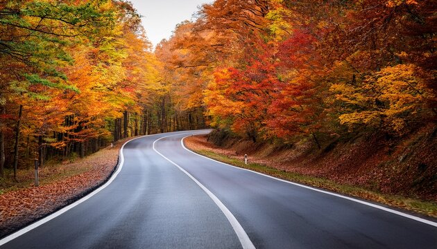 curved empty road through colorful autumn forest with red yellow and orange foliage