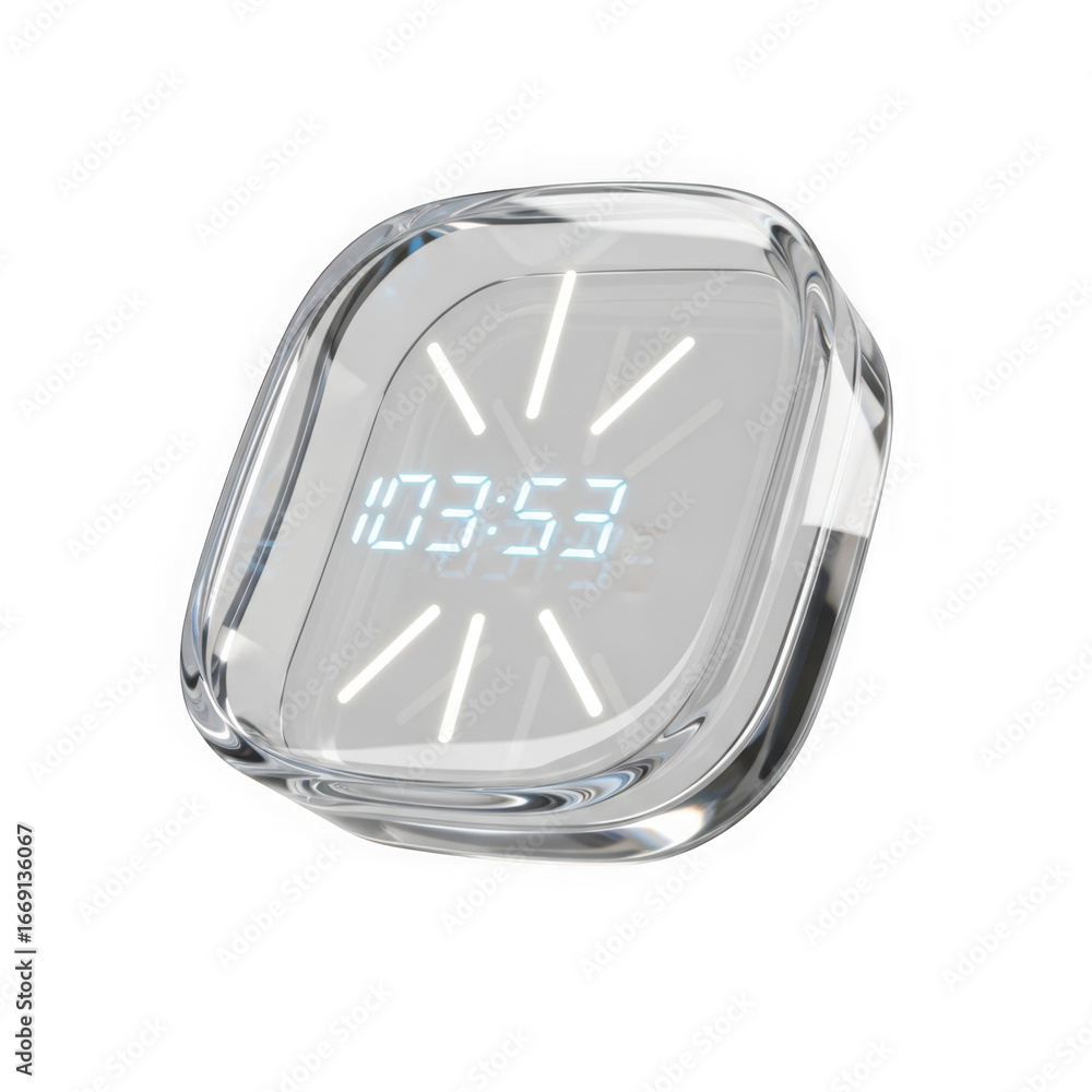Poster modern digital clock with blue led display and transparent casing, isolated on transparent backgroun