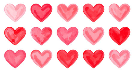 Fototapeta premium Watercolor Painted Hearts Patterned Pink and Red Hearts Isolated on White