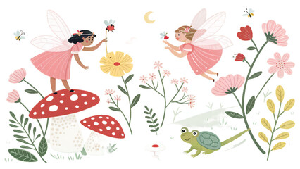 Whimsical Illustration of Fairies and Flowers in a Dreamy Garden
