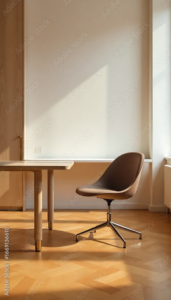 Poster generative ai serene workspace interior. captures soft light illuminating a minimalist desk and