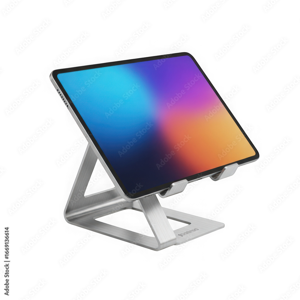 Poster a modern tablet on a sleek silver stand, displaying a colorful gradient screen, isolated on white is