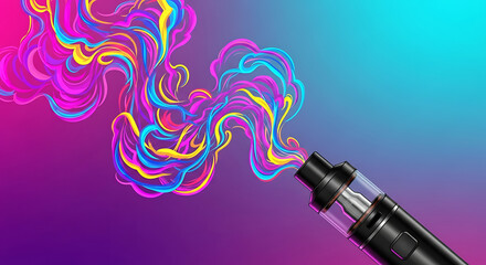 Colorful vapor clouds billowing from an electronic cigarette, vibrant abstract design.