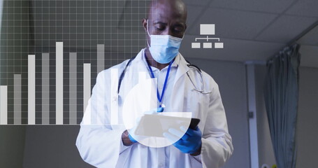 Analyzing data on tablet, doctor in lab coat in exam room, with stethoscope, gloves, chart graphics