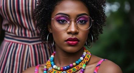 Obraz premium Young Black Woman Wearing Glasses and Colorful Necklace Outside