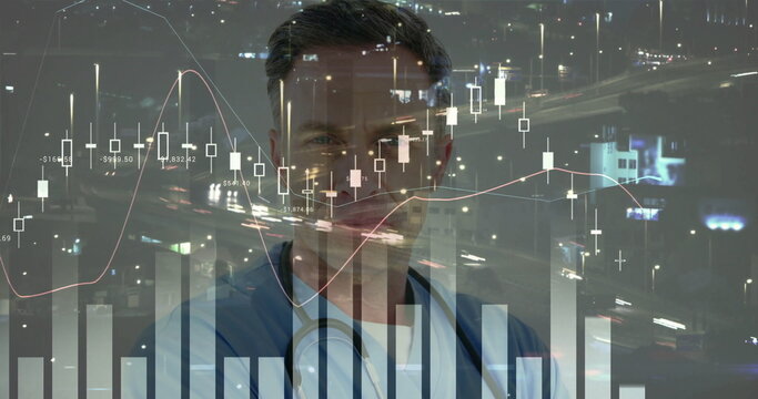 Analyzing doctor in scrubs and stethoscope monitoring charts at office window, with city lights