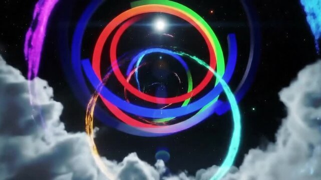Abstract neon particles falling like rain circles in space, creating a modern cyber effect. Ideal for gaming, digital art, and cinematic intros.
