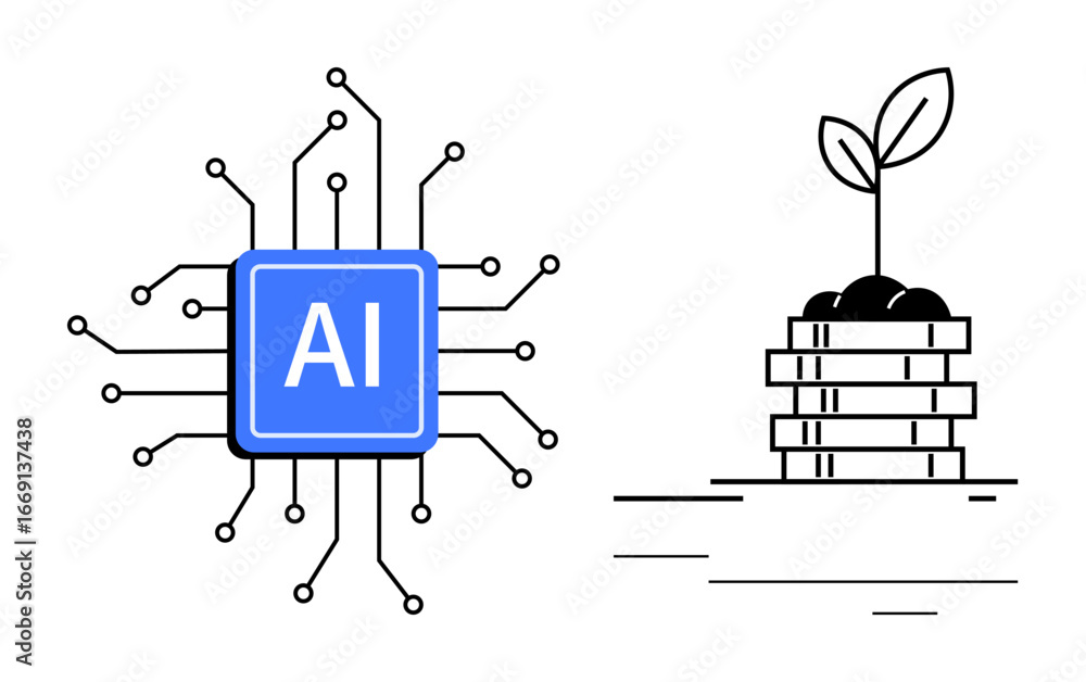 Aufkleber ai processor chip with circuit connections and a sprouting plant on stacked coins. ideal for technol