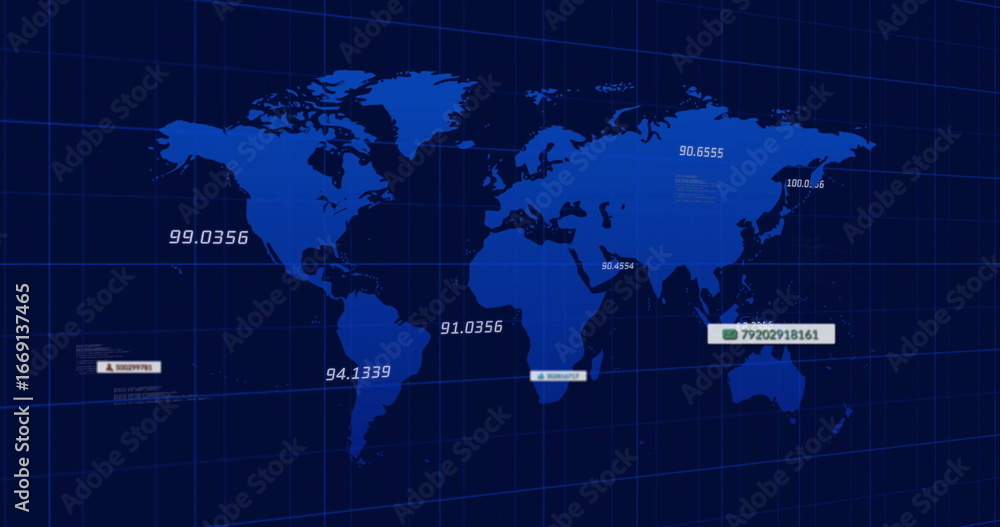 Poster rendering digital world map shapes over navy grid background, with floating numeric data labels