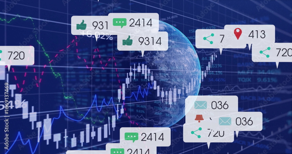 Aufkleber floating 3d globe over trading grid, with candlestick bars, line graphs and notification callouts