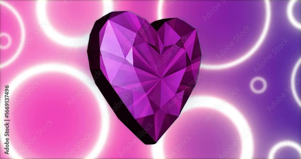 Poster Faceted purple heart appearing angled and rotating while neon circles pulsing behind enhancing flow