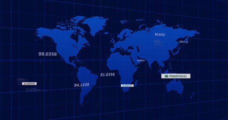 Obraz premium Rendering digital world map shapes over navy grid background, with floating numeric data labels