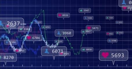 Displaying analytics dashboard showing colored line graphs with callout bubbles heart user icons