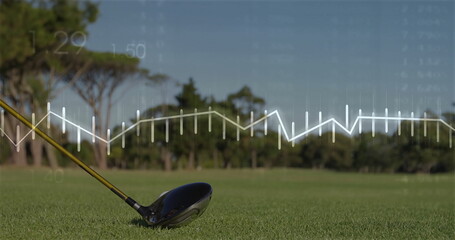 Featuring black golf driver head leaning on fairway grass, with digital line graph overlay