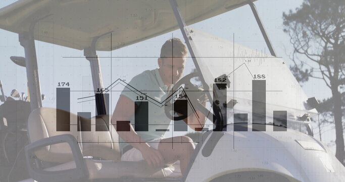 Driving polo-wearing man gripping steering wheel in golf cart on golf course, with chart overlay