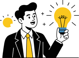 A man in a suit holding a lightbulb with radiating lines and a smaller lightbulb to the left side