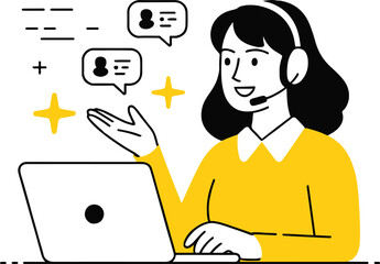 Woman with headset at laptop with chat bubbles and stars providing customer support services online