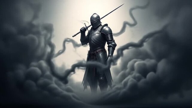 A knight in armor stands boldly amid swirling clouds, exuding power.