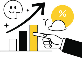 Illustration of an upward trending bar graph with a hand pointing to a yellow bar and percentage icon