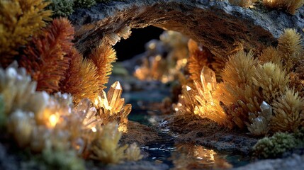 Fototapeta premium Crystals inside a dark cave with light reflecting off the surfaces.