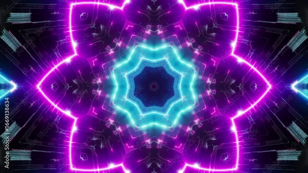 Poster hypnotic neon light kaleidoscope with pulsating geometric shapes