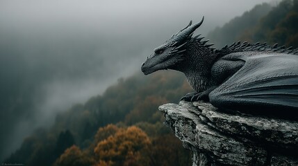 Dark dragon perched on rocky cliff overlooking misty forest landscape.