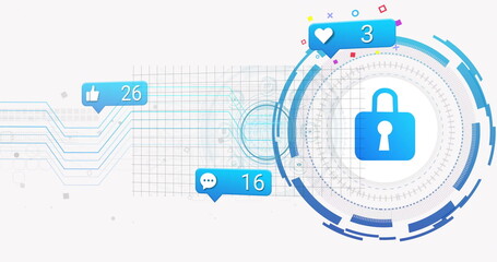 Displaying blue padlock icon inside concentric rings at GUI, with social metric bubbles, copy space