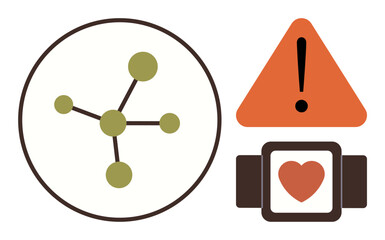 Molecular network, warning triangle with exclamation point, and heart in medical device. Ideal for science, health monitoring, risk management, safety, medical technology, research innovation simple