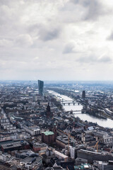 Vertical aerial photo of spectacular skyscraper view of Frankfurt city in Germany with its Main River, a major financial centrum and transportation hub known for its skyscrapers and historical sites