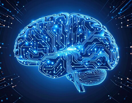 Imagem gerada por intelig&ecirc;ncia artificial de um c&eacute;rebro digital formado por circuitos azuis brilhantes, conceito de intelig&ecirc;ncia artificial, fundo escuro futurista.