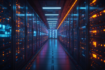 Fototapeta premium A futuristic data center interior with rows of tall server racks, glowing LED lights in blue, purple, and orange, creating a high-tech atmosphere