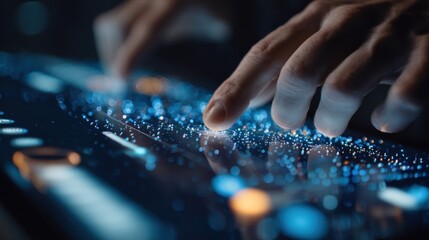 A detailed look at an operators hands manipulating virtual sliders on a touchscreen finetuning the takt time algorithm while digital metrics morph instantaneously on screen.