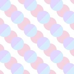 ​A seamless, repeating pattern featuring rows of pastel pink and dual-toned circles in light blue and purple, arranged in diagonal lines on a white background.