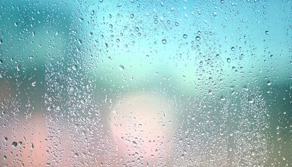 Fototapeta premium Close-up of sparkling water droplets on a window surface, subtly distorting a blurred background of soft, colorful light and abstract shapes, conveying a tranquil and refreshing mood