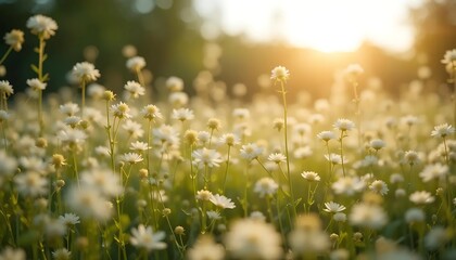 Field of daisies bathed in golden sunlight during the summer season