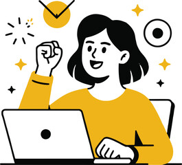A woman in yellow shirt celebrates success in front of her laptop with stars and checkmark around her