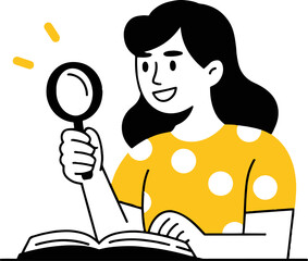 A woman with a magnifying glass examining an open book with a yellow polka dot shirt and black hair