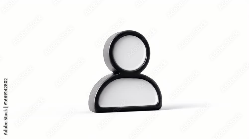 Poster 3d animated user icon: sleek black profile rotating on white background