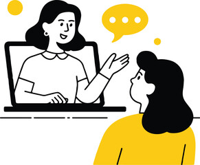 Two women in a virtual meeting with a speech bubble and yellow accents in a cartoon style illustration