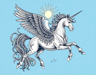 Enchanting depiction of a winged unicorn with a radiant sun, a symbol of ancient myths, dreams, and untamed fantasy, rendered in a classical artistic style