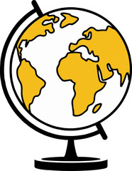 A simple illustration of a globe with yellow continents and black stand on a white background